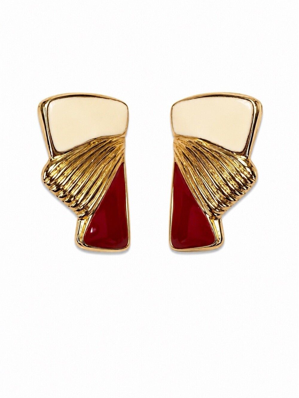 Vintage Gold Tone Red White Enamel Clip On Earrings Abstract Geometric